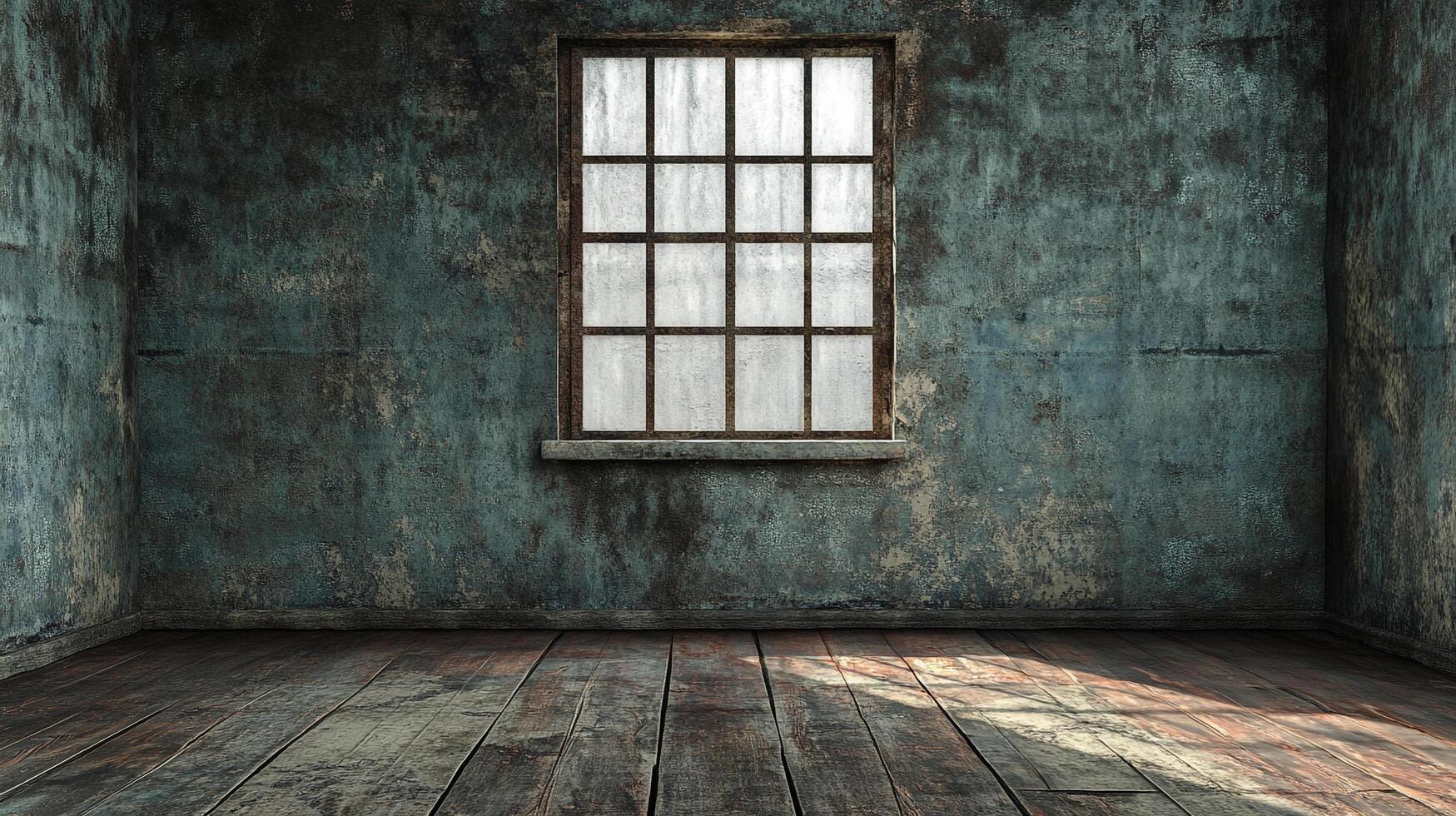 A weathered room with a boarded window, featuring peeling blue paint, old wooden floors, and soft lighting streaming through the window. photo