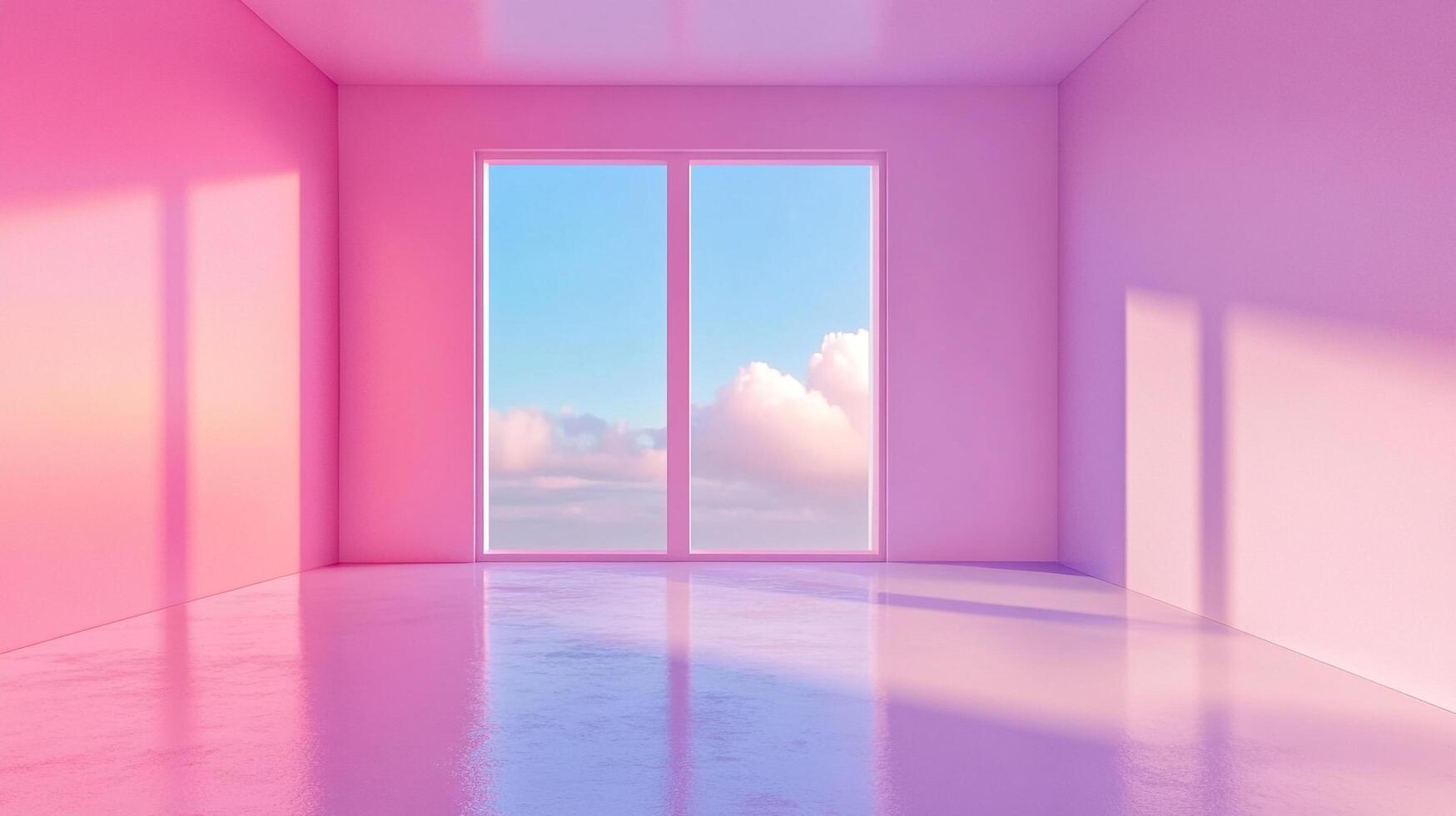 Pink room bathed in sunlight through a window with clouds, minimalist and serene space, inviting calmness and creative inspiration. photo