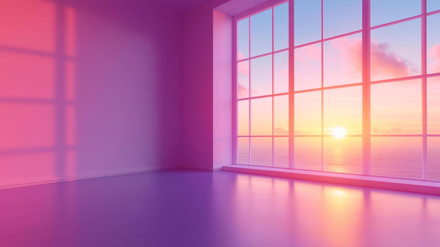 Dreamy sunset view from an empty room, with a window reflecting hues of pink and purple across walls and floor, serene and surreal. photo