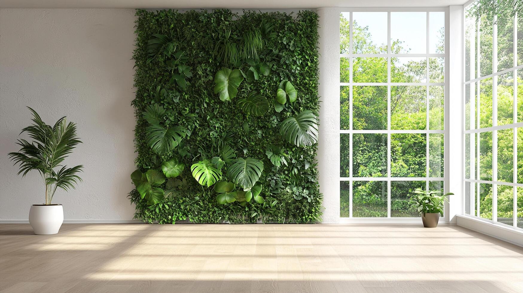 Bright indoor space features a living green wall, complementing potted plants and a large window view of lush trees in the background. photo