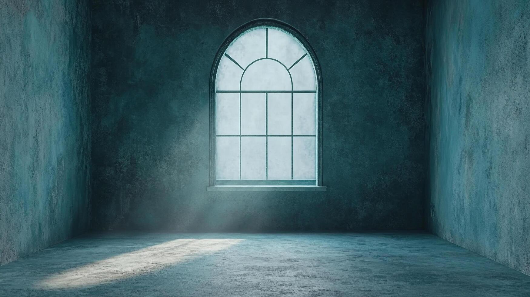 A naturally lit room features a striking arched window allowing light to stream across the textured floor of an empty and atmospheric space. photo
