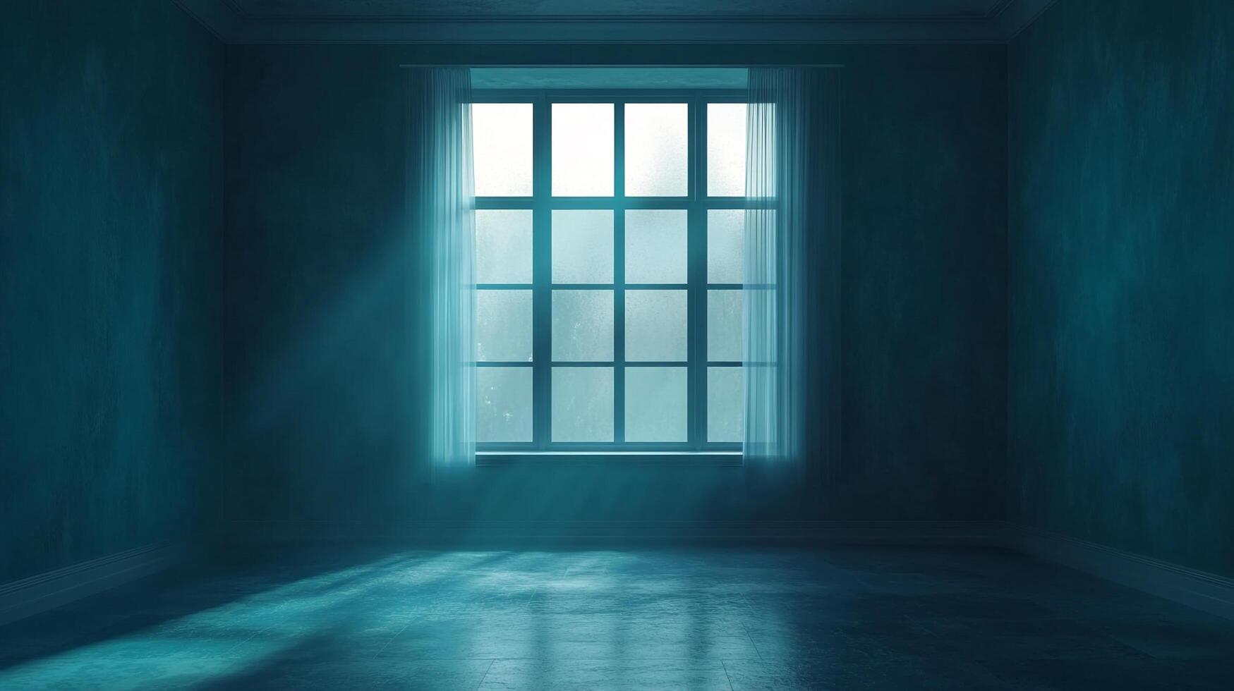 Empty monochromatic room bathed in blue light, window with sheer curtains, evoking tranquility and serenity in a simple setting. photo