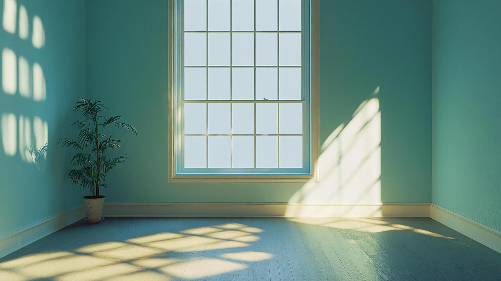 Bright, minimalist room with sunlight streaming through a window and a potted plant. A serene and inviting space with natural light. photo