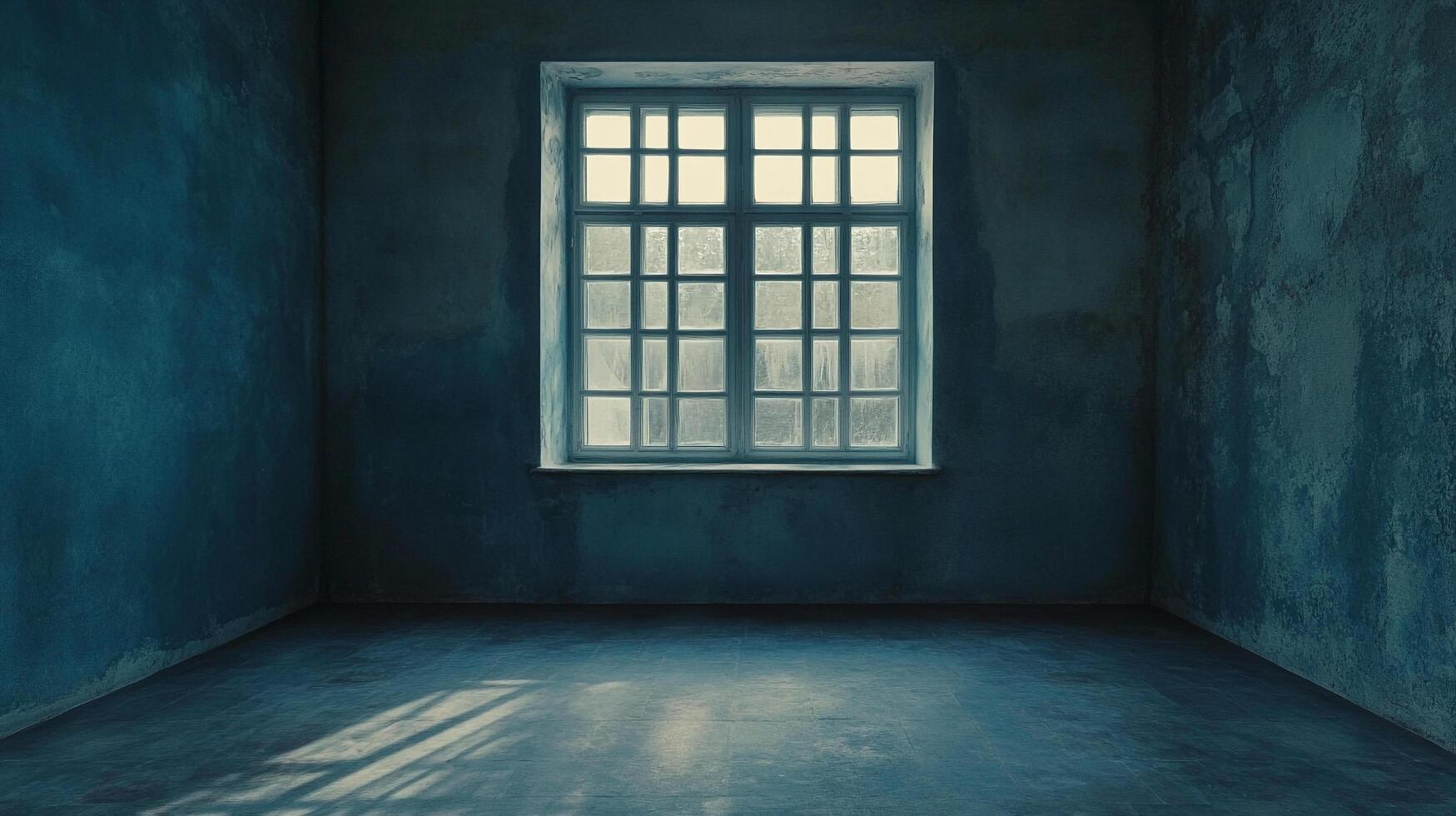 Empty room with a bright window, casting light shadows onto the floor, creating a sense of isolation and quiet introspection photo