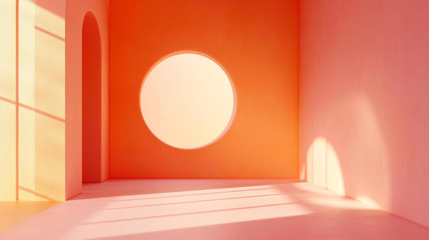 Geometric room featuring an interplay of light and shadow, minimalist design with vibrant colors. Interior architecture in a contemporary style. photo