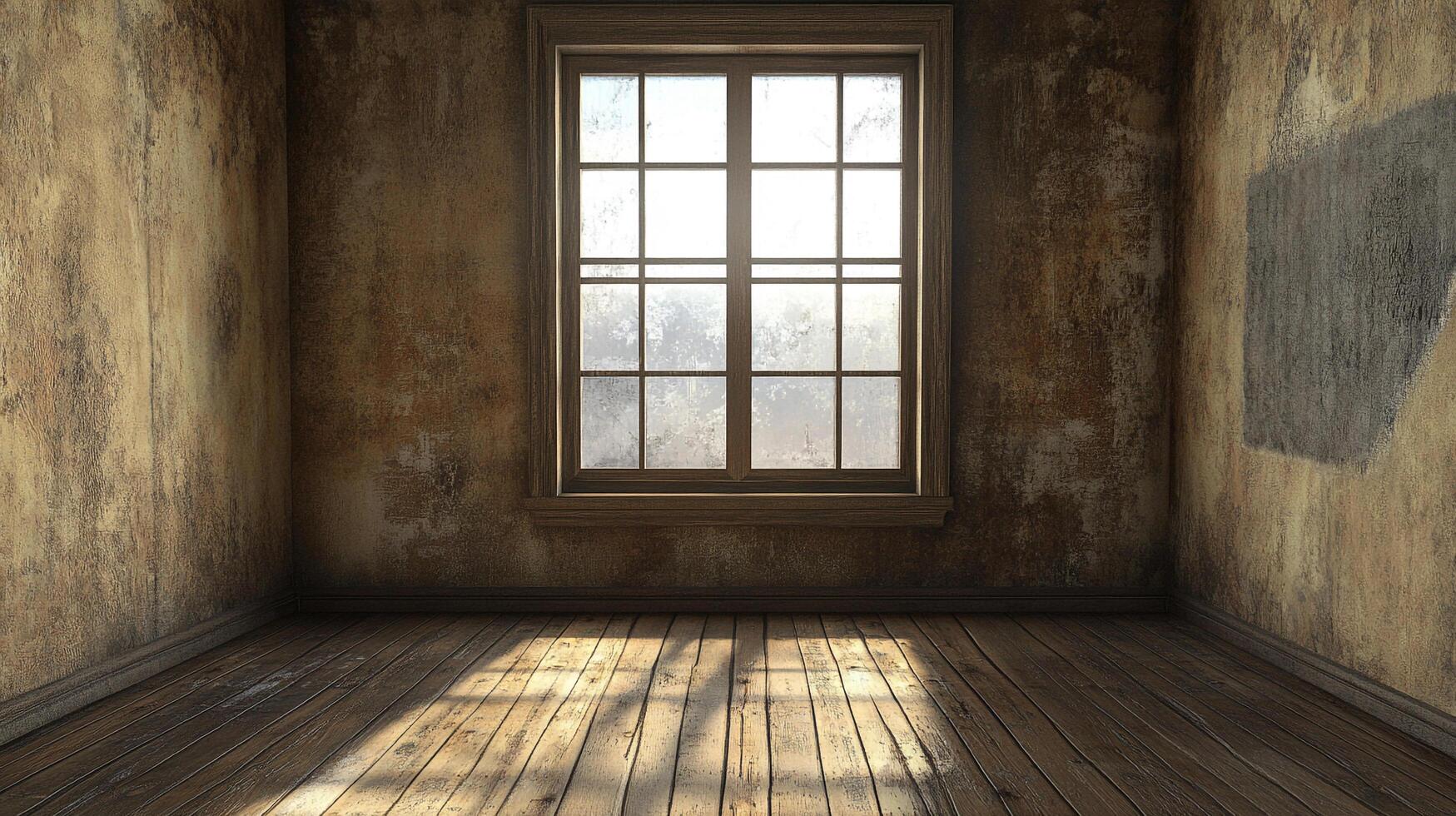 Dilapidated room interior with weathered walls and aged wooden floor illuminated by sunlight streaming through a window. photo