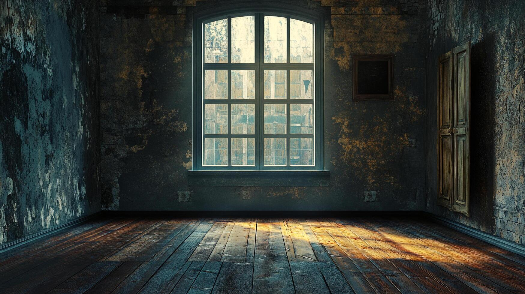 A distressed room with old wooden floors and walls, illuminated by light streaming through a large window, evoking a sense of decay. photo