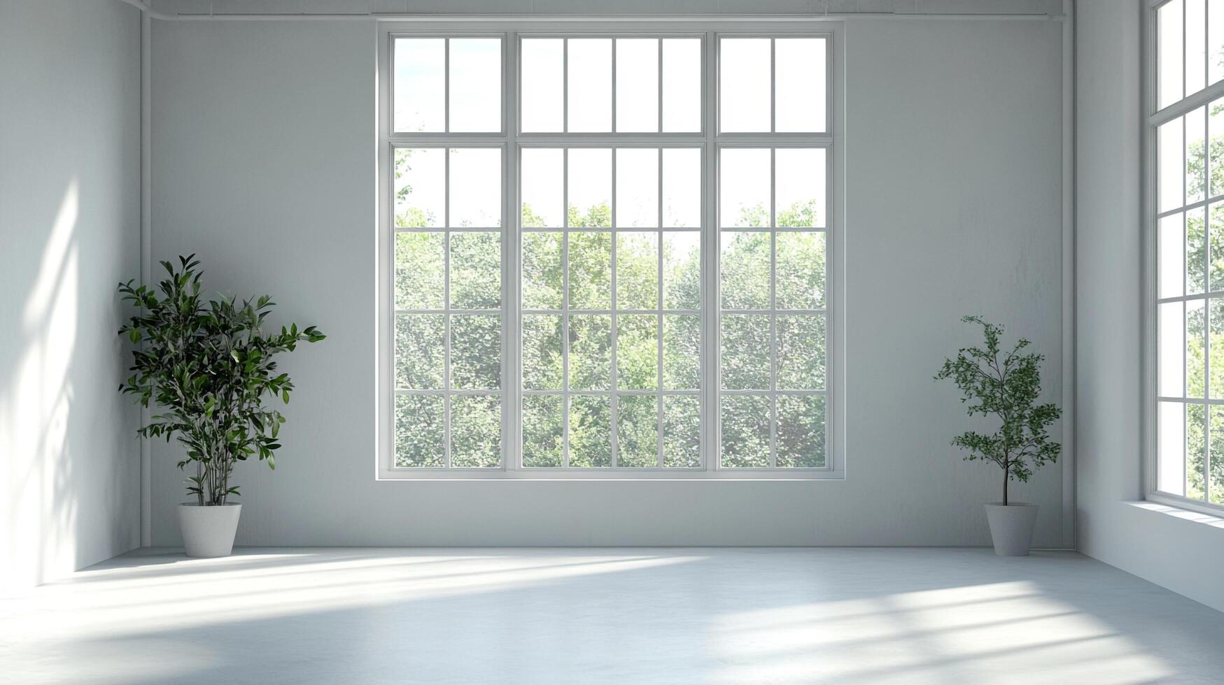 Bright interior space featuring two potted plants, light walls, and a huge window looking out at trees, with a white wall and flooring. photo