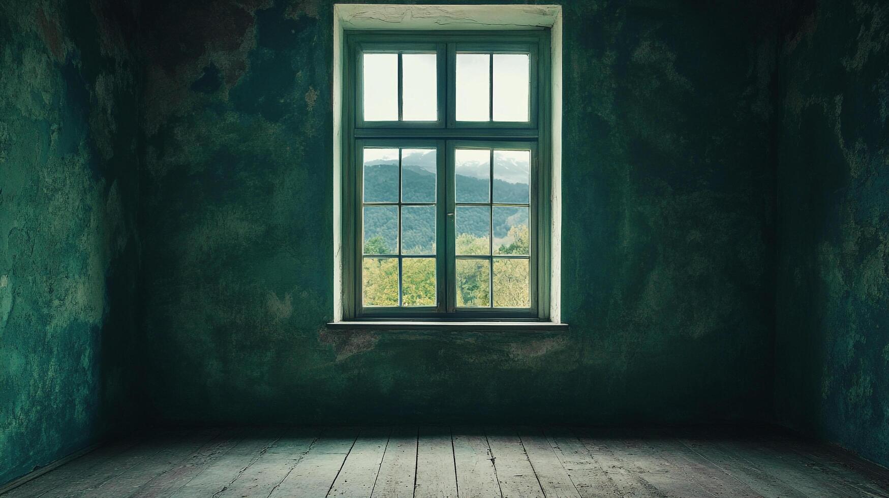 A view through a window of a distressed room, showing distant mountains and forest. Aged and worn, with faded colors and rustic charm. photo