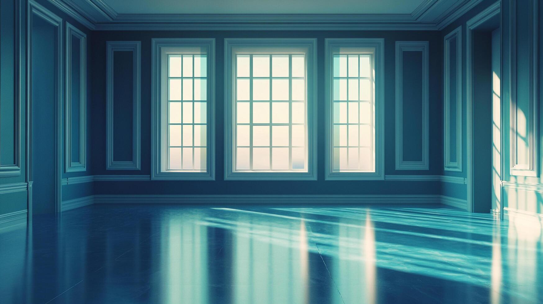 Bright room illuminated by sunlight streaming through windows, casting long shadows across a glossy floor. Simple design, clean and minimal. photo
