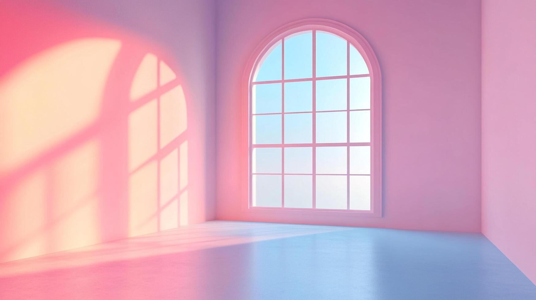 A room awash in gentle hues of pink and blue, sunlight streams through an arched window, creating shadows, showcasing minimalism and light. photo