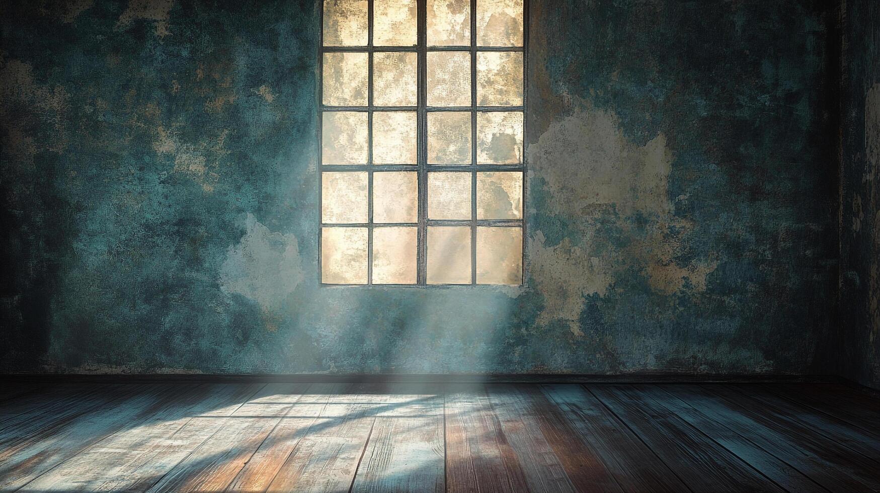 Sunlight streams through a window in a room with a rustic and aged aesthetic, creating a dramatic play of light and shadow across the room photo
