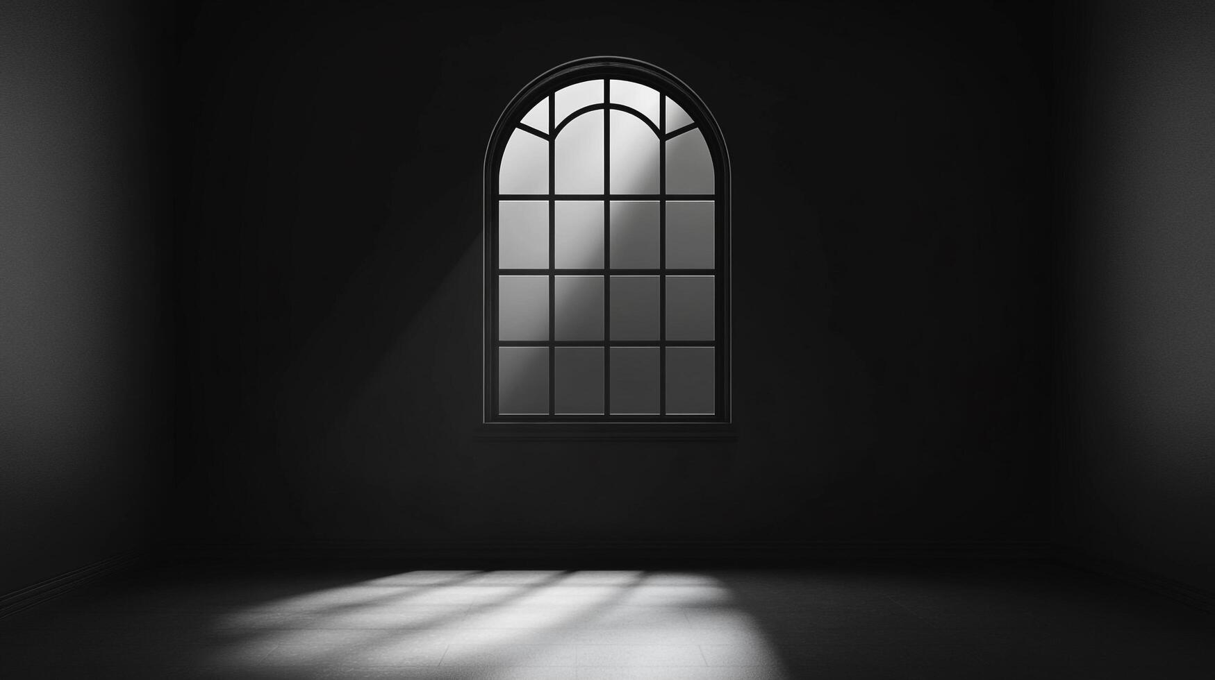 An arched window casts light patterns on a floor in a darkened room. The room is empty, and the light is the only visible feature. photo
