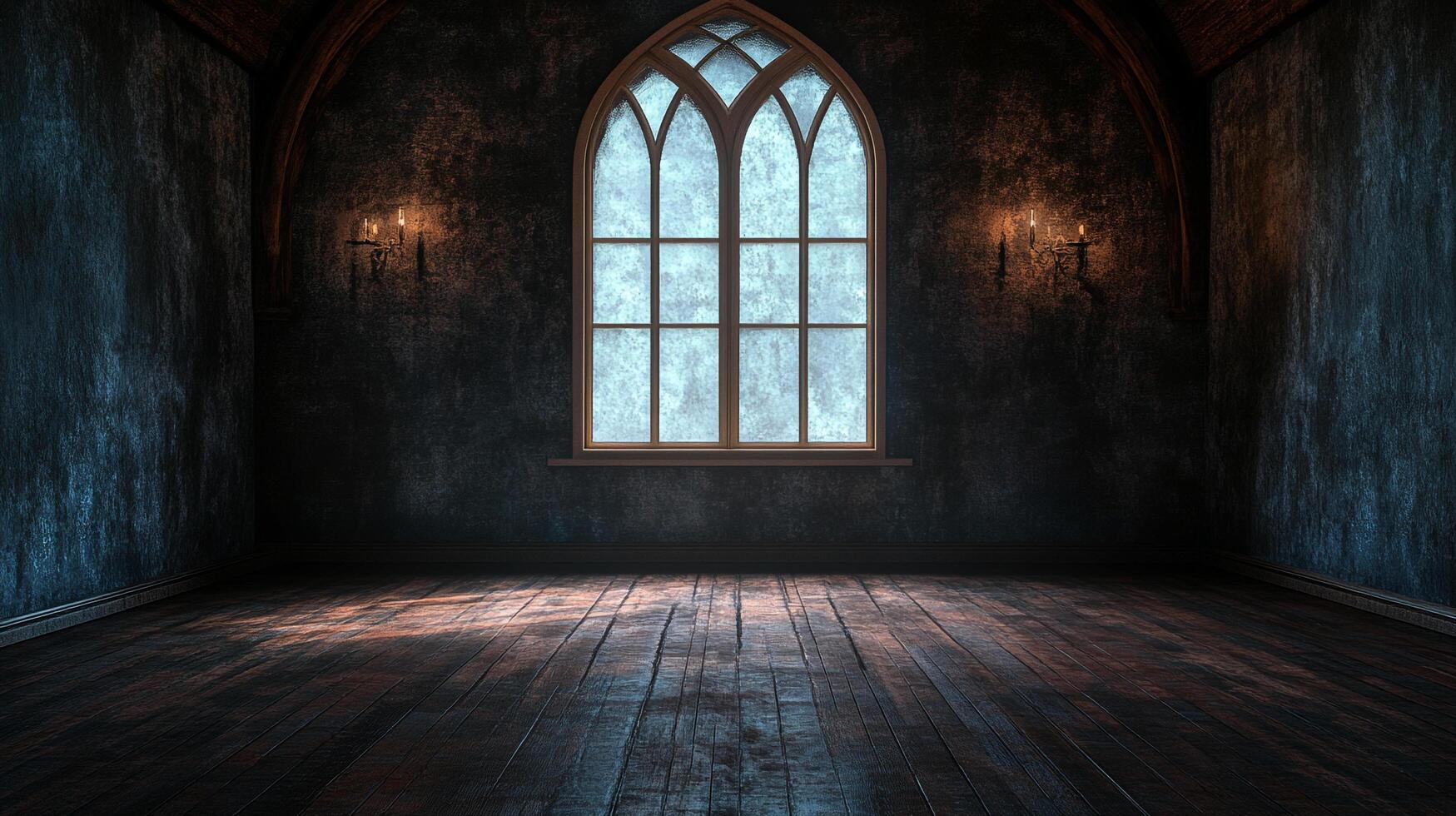 A gothic-style room with old wood floor, textured wall, large arched window, and candle sconces. The room emanates a spooky vibe. photo