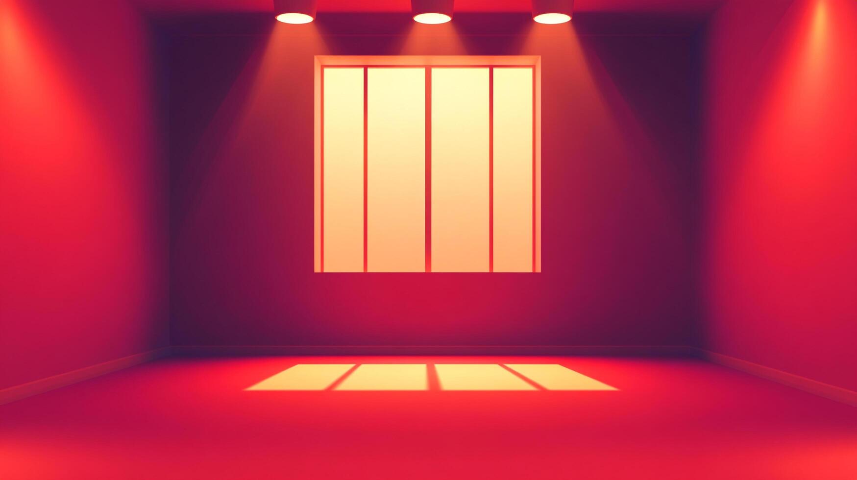An illustration of a red, windowed room, bathed in spotlights and sunlight, capturing an interior's simple elegance and light's interplay. photo