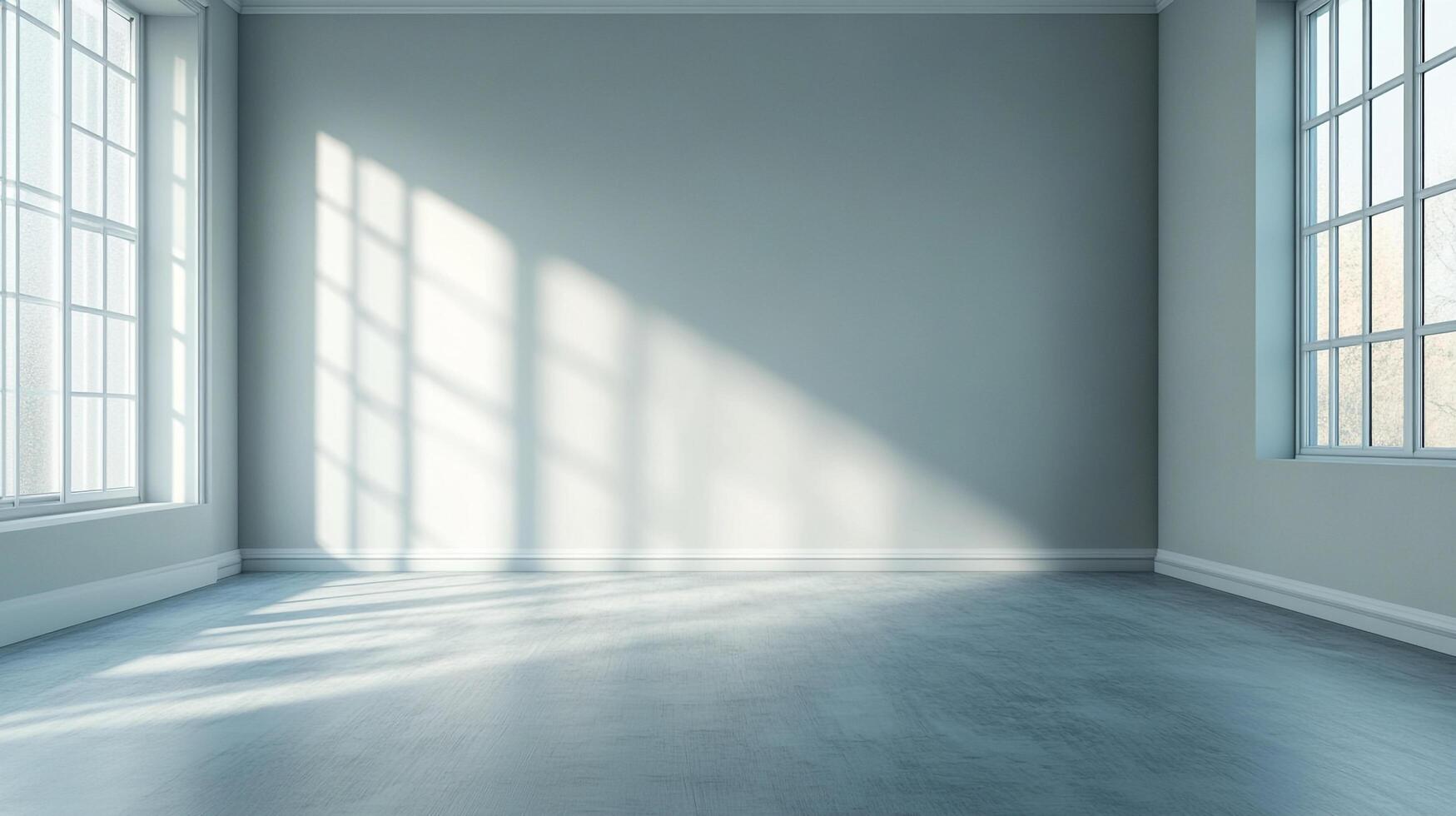 Empty room with sunlight streaming through windows, creating shadows on the wall and floor. The room is painted in a muted light blue. photo