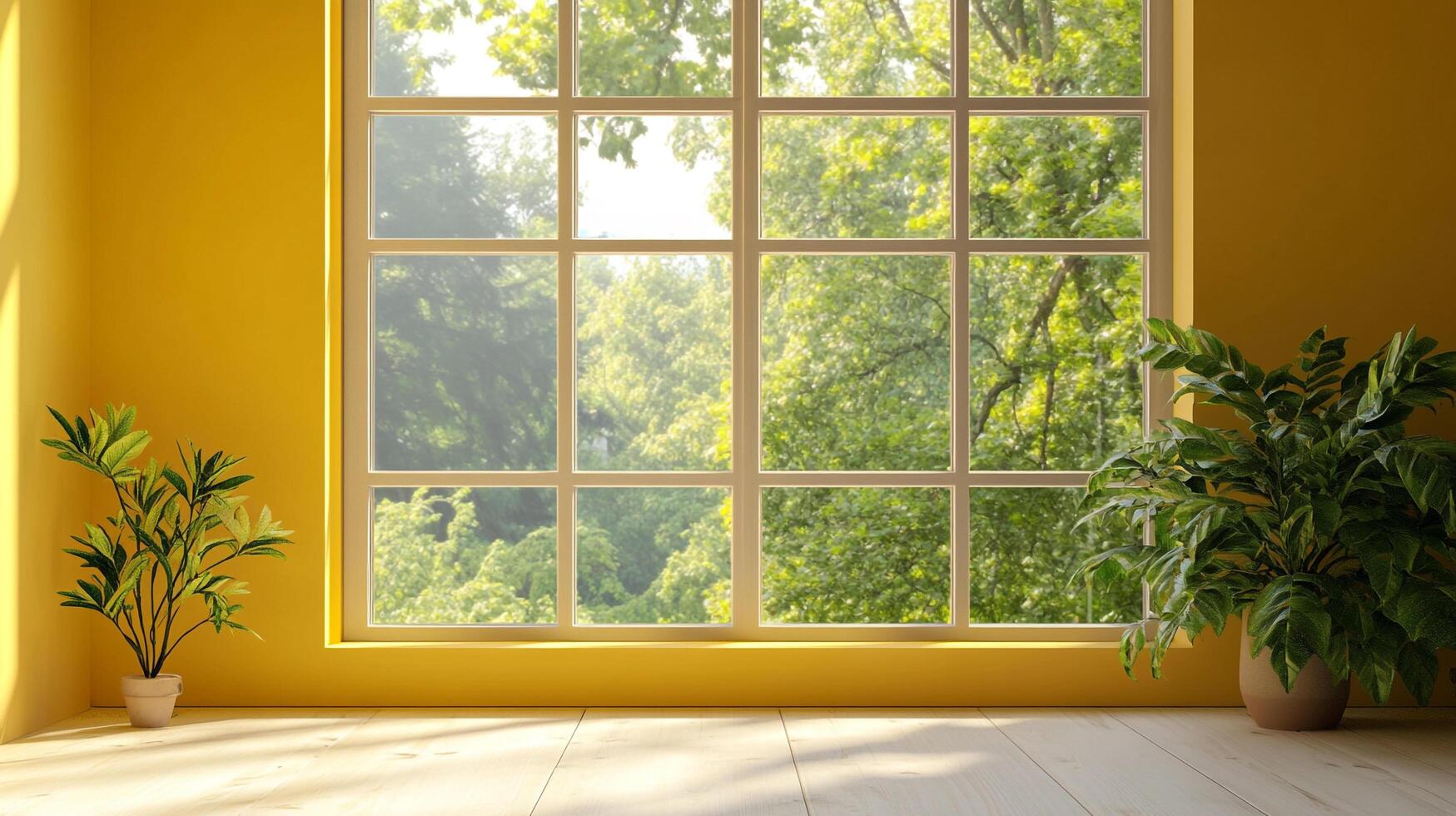 A vibrant yellow room featuring a large window with a view of lush greenery and indoor plants bringing nature inside. photo