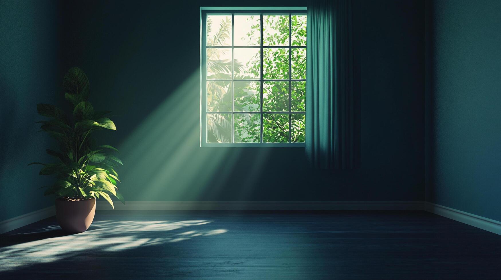 Sunlight streams through a window onto the floor, illuminating a plant. An inviting view from the window with lush green foliage. photo