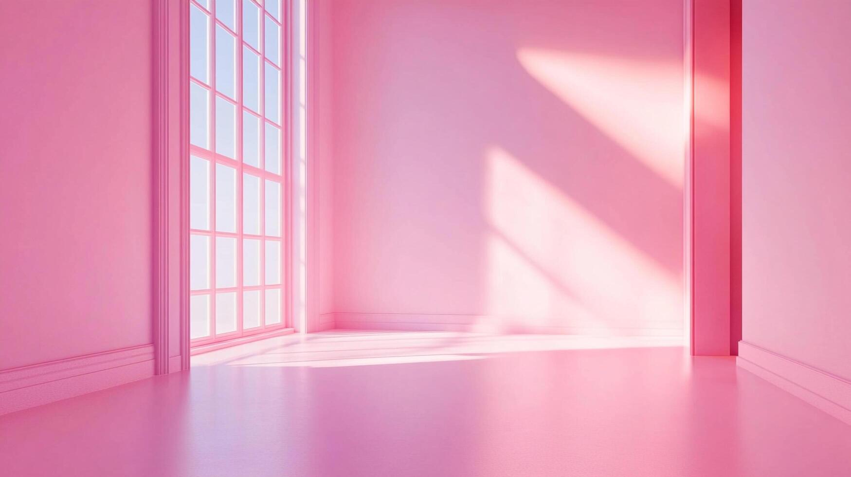 Pink room with sunlit window. Serene, minimalist space floods with light. Perfect for contemplation or creative inspiration in soft hue. photo