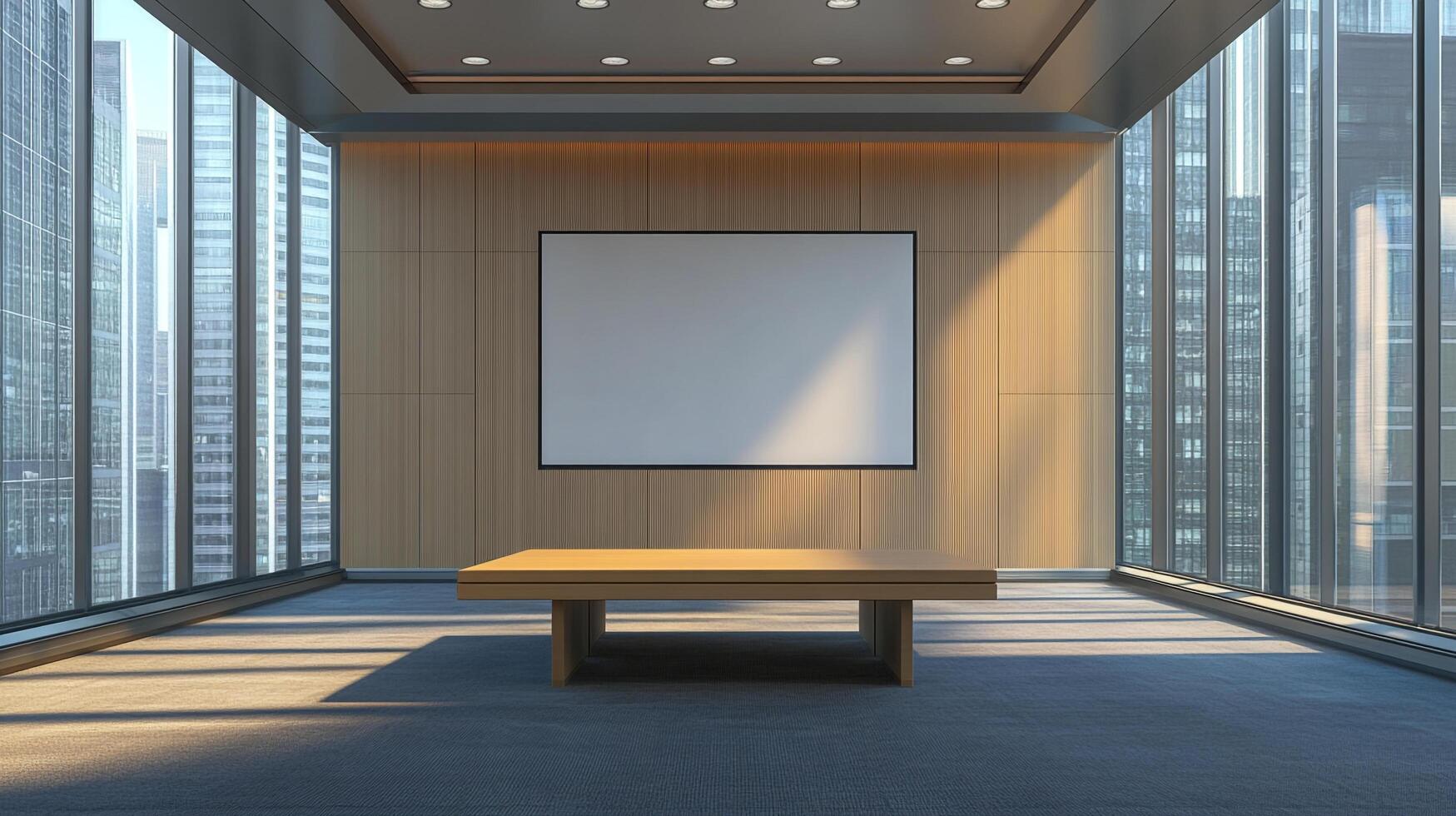 Modern office space with floor-to-ceiling windows and sleek design elements creating a professional and inviting atmosphere. photo