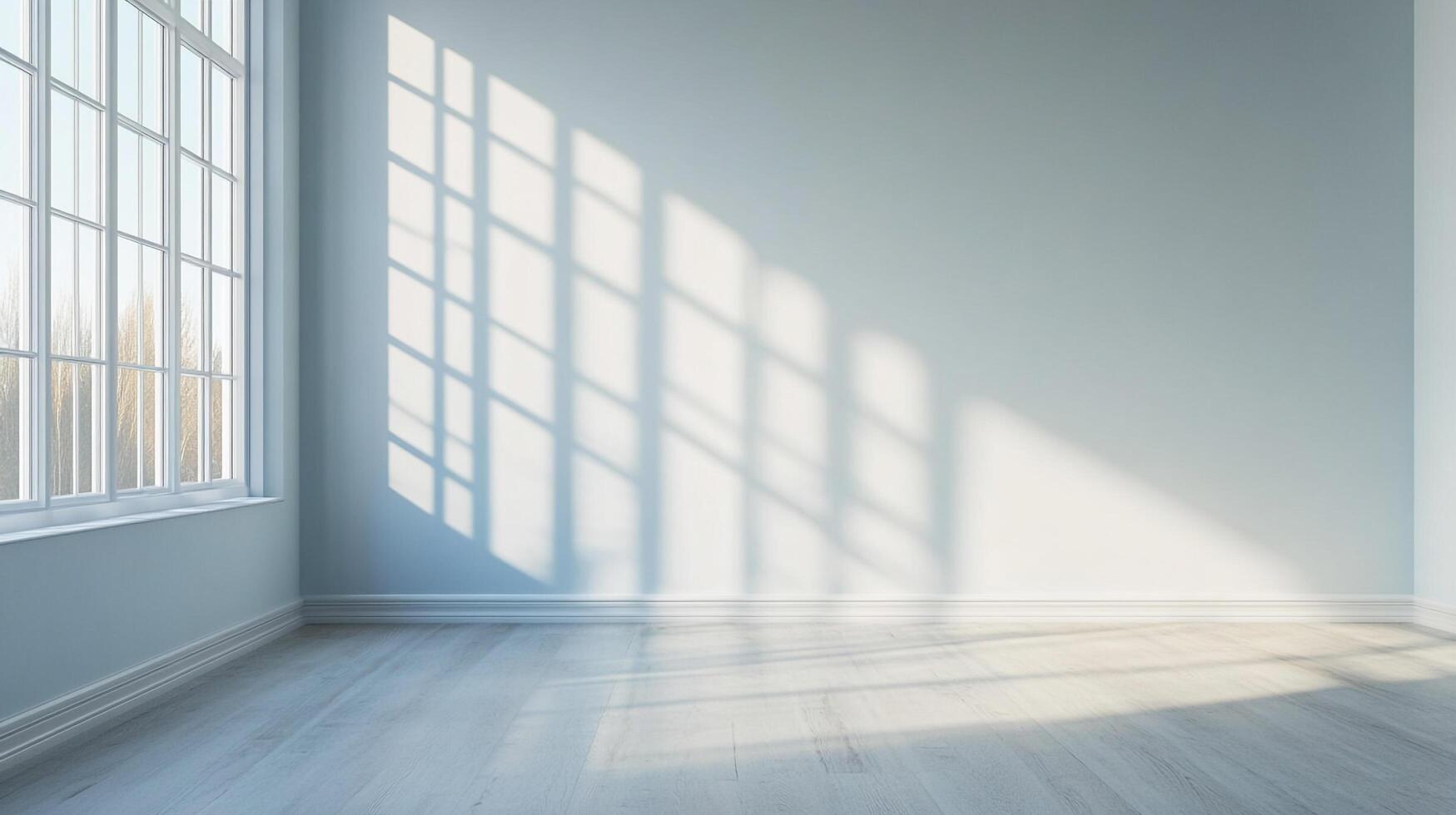 Bright, airy interior featuring sunlight streaming through a window, creating interesting shadows on the wall and reflecting on the wood floor. photo