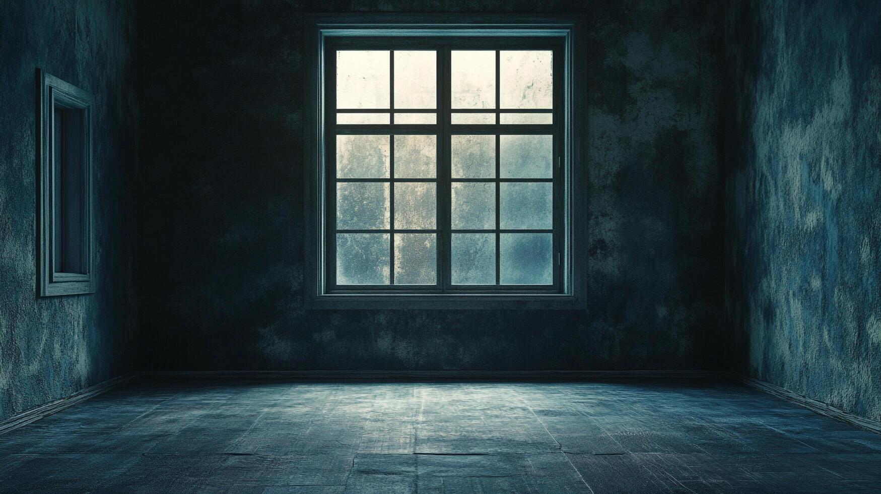 An empty, aged room featuring a large window and bare wooden floors, creating an eerie ambiance with its dilapidated walls and muted tones. photo