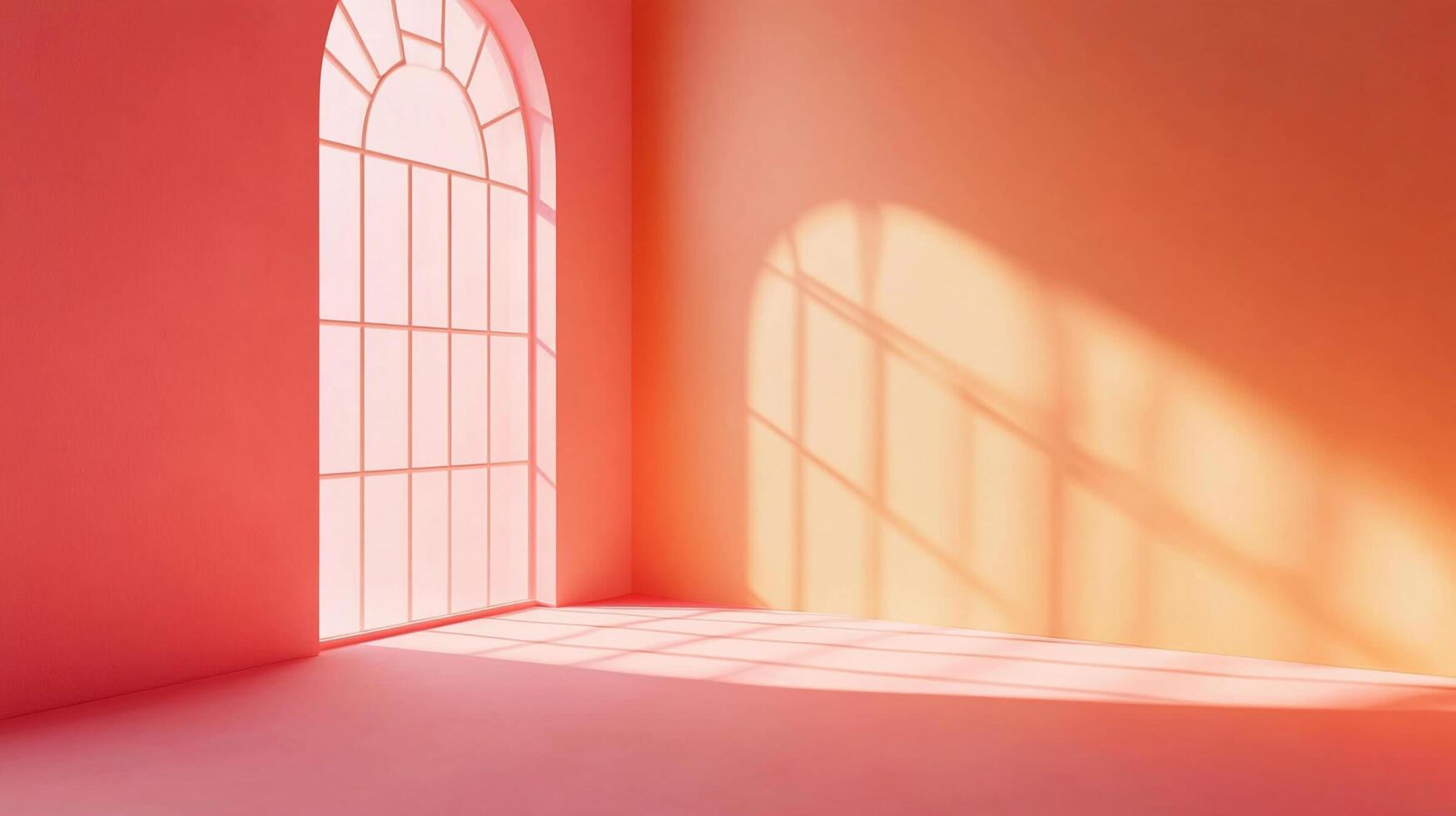 Sunlit peach room featuring an arched window casting striking shadows across the floor, creating a warm and inviting atmosphere. photo