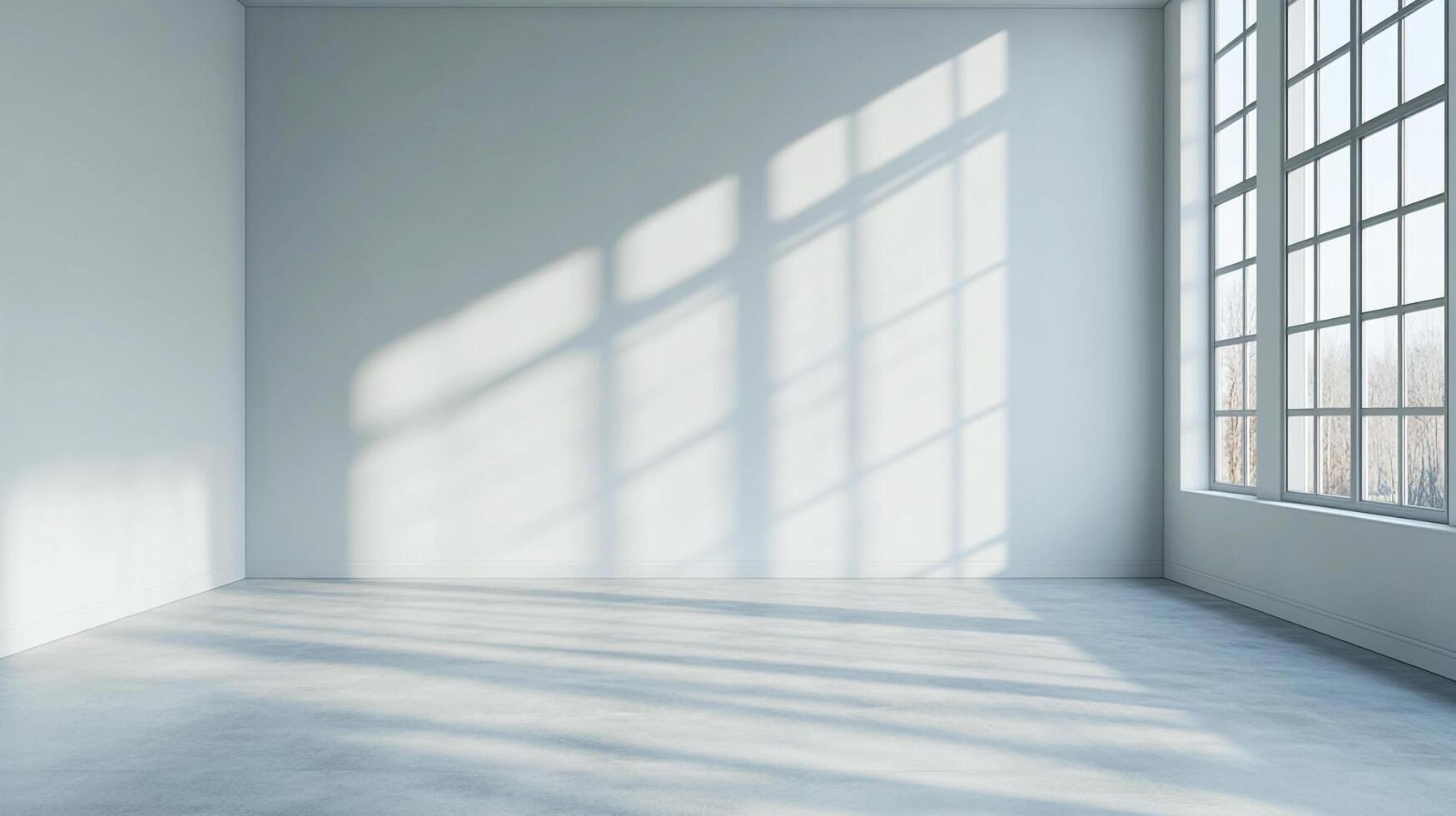 Sunlight streams into an empty room through a grid of windows, casting patterned shadows across the walls and floor. photo