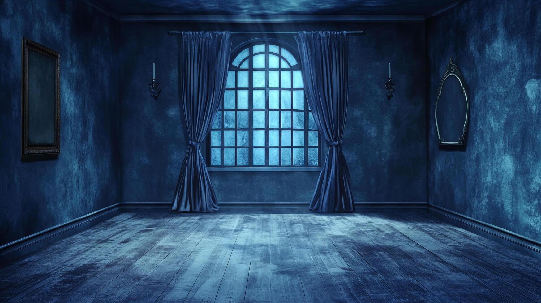Monochromatic blue room with a large window casting light, framed paintings, and wall sconces creating a moody, atmospheric setting. photo