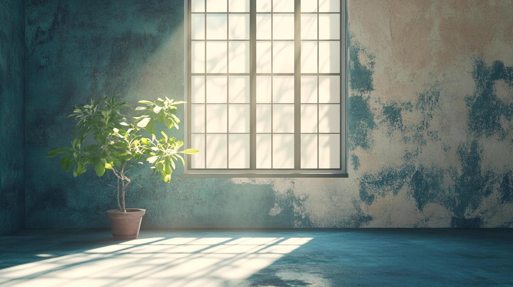 Indoor plant sits by window, as bright light shines through and reflects across the blue, distressed floor and wall in the corner of a room. photo