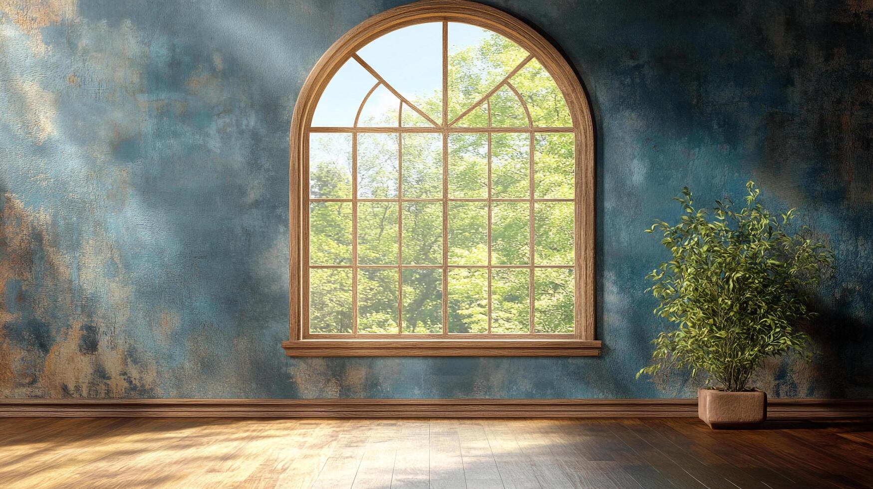 Arched window framing lush greenery, bathed in sunlight. A tranquil indoor scene enhanced by a potted plant and textured wall. photo