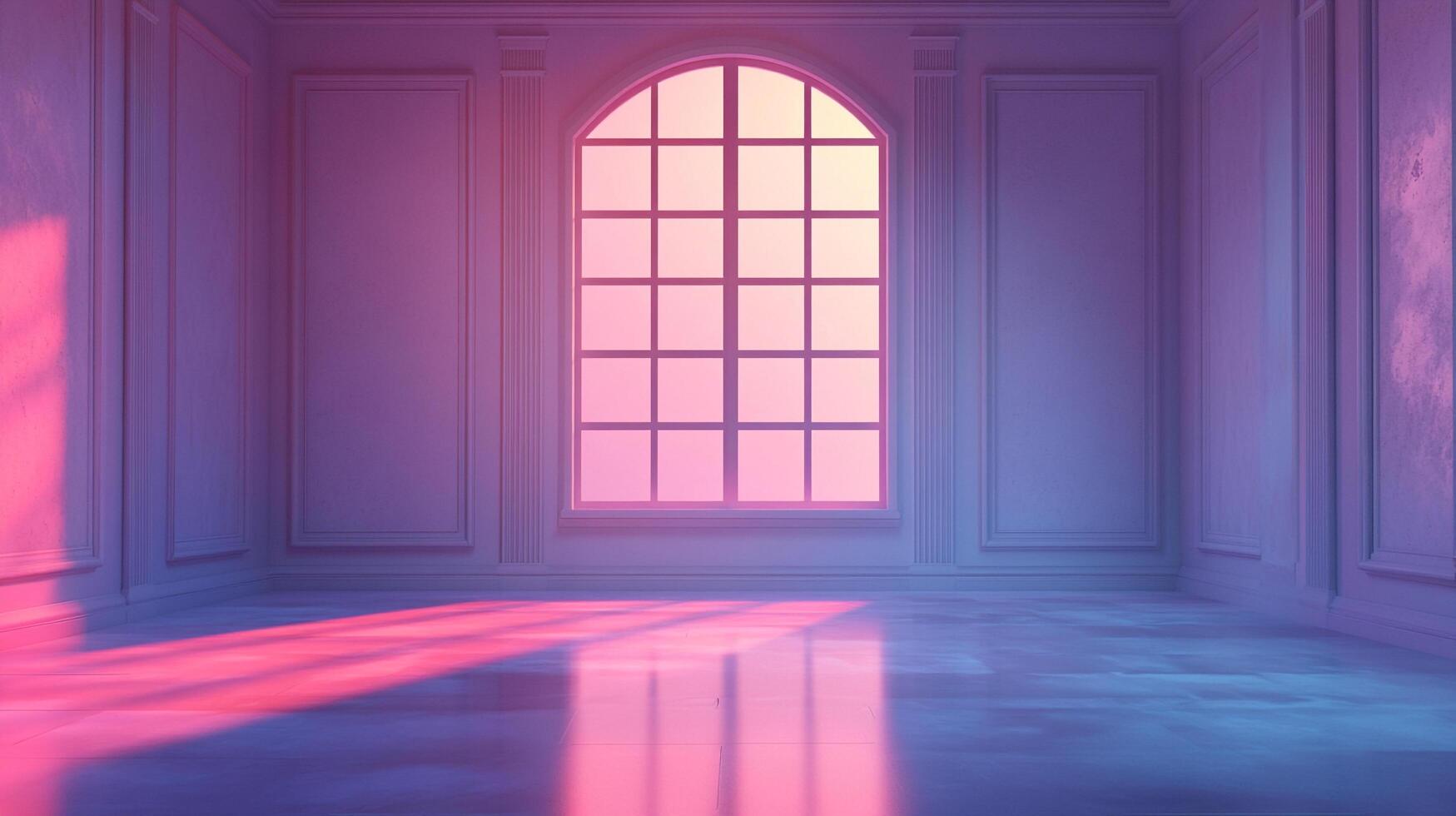 Sunlight streams through a large window, illuminating an empty room with elegant architectural details and soft, ambient colors. photo