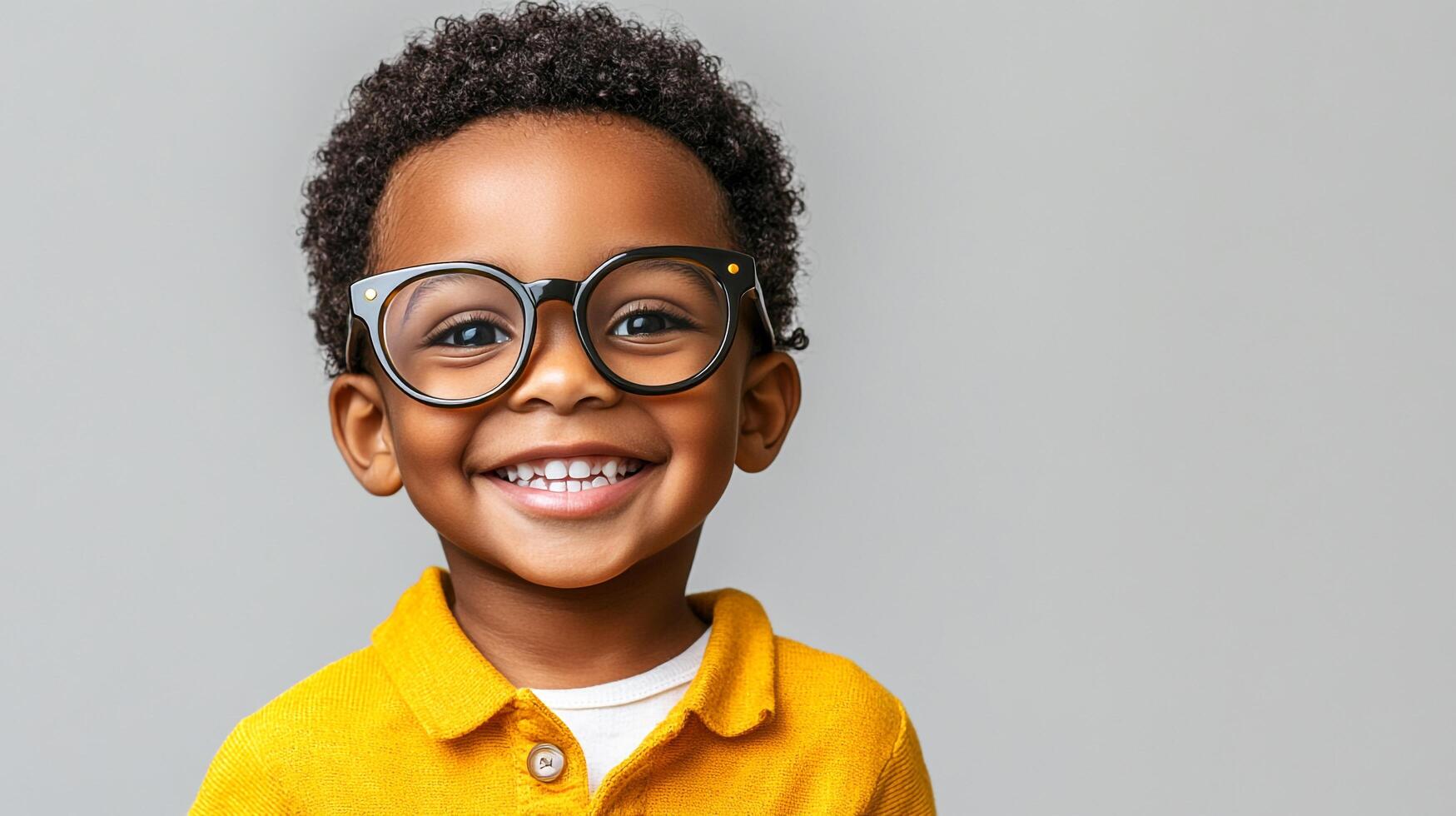 A young boy wearing eyeglasses smiles brightly, showcasing his cheerful disposition and healthy teeth in a clean, simple setting. photo