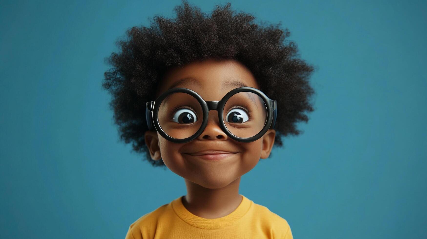 Cartoonish young child with big round glasses and a charming smile against a blue background. Whimsical portrait, showcasing innocence. photo
