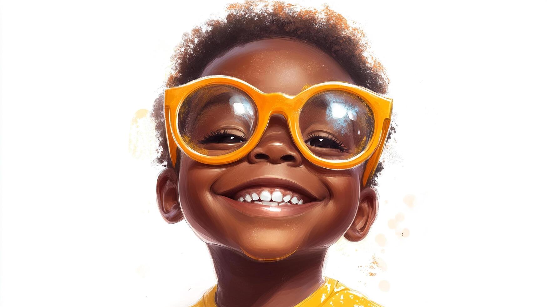 Smiling child with orange glasses and yellow shirt, bright and cheerful portrait on a white background, illustration. photo