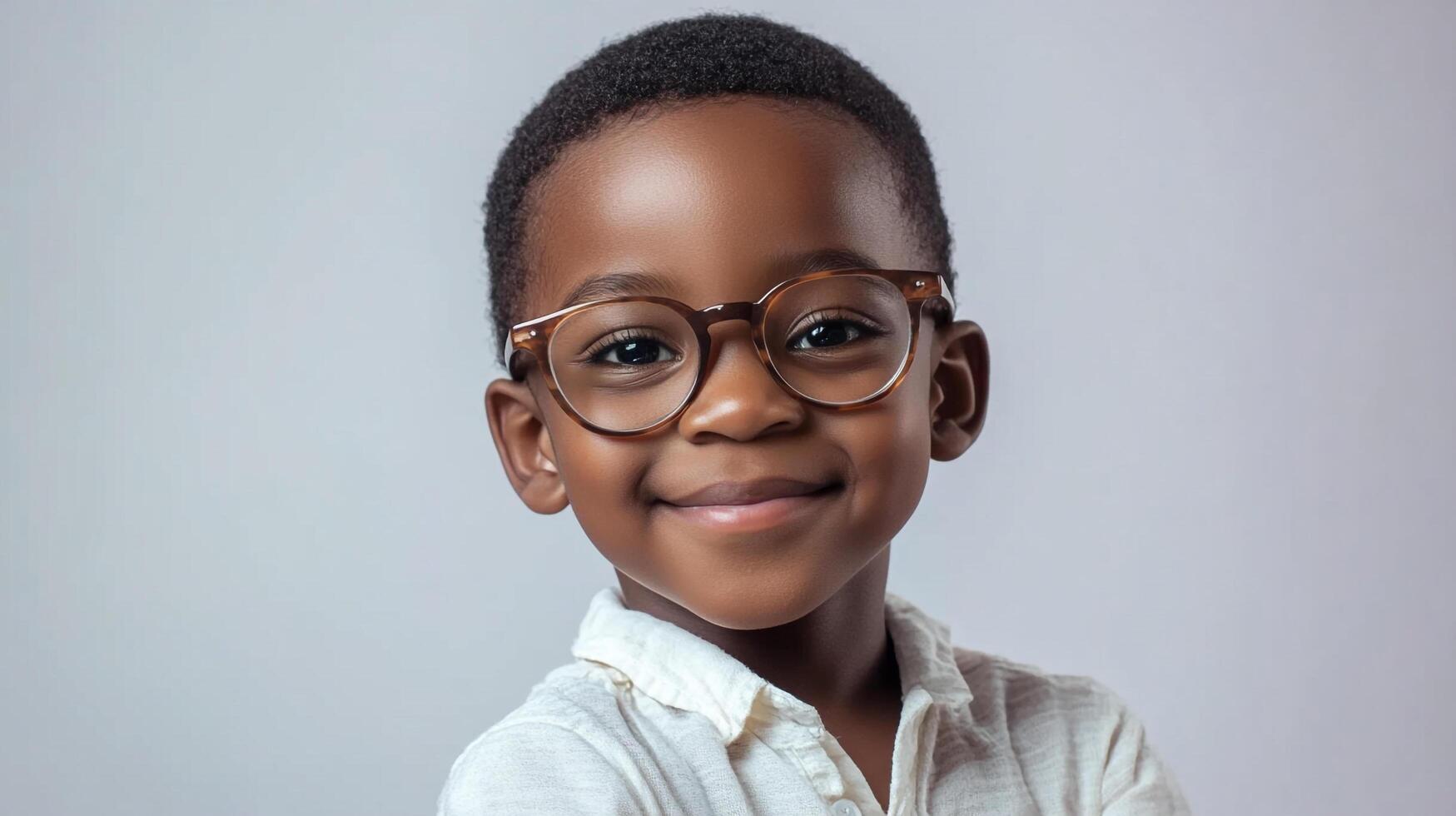 A smiling young boy with glasses exudes innocence and confidence in a studio portrait. He is smart and adorable. photo