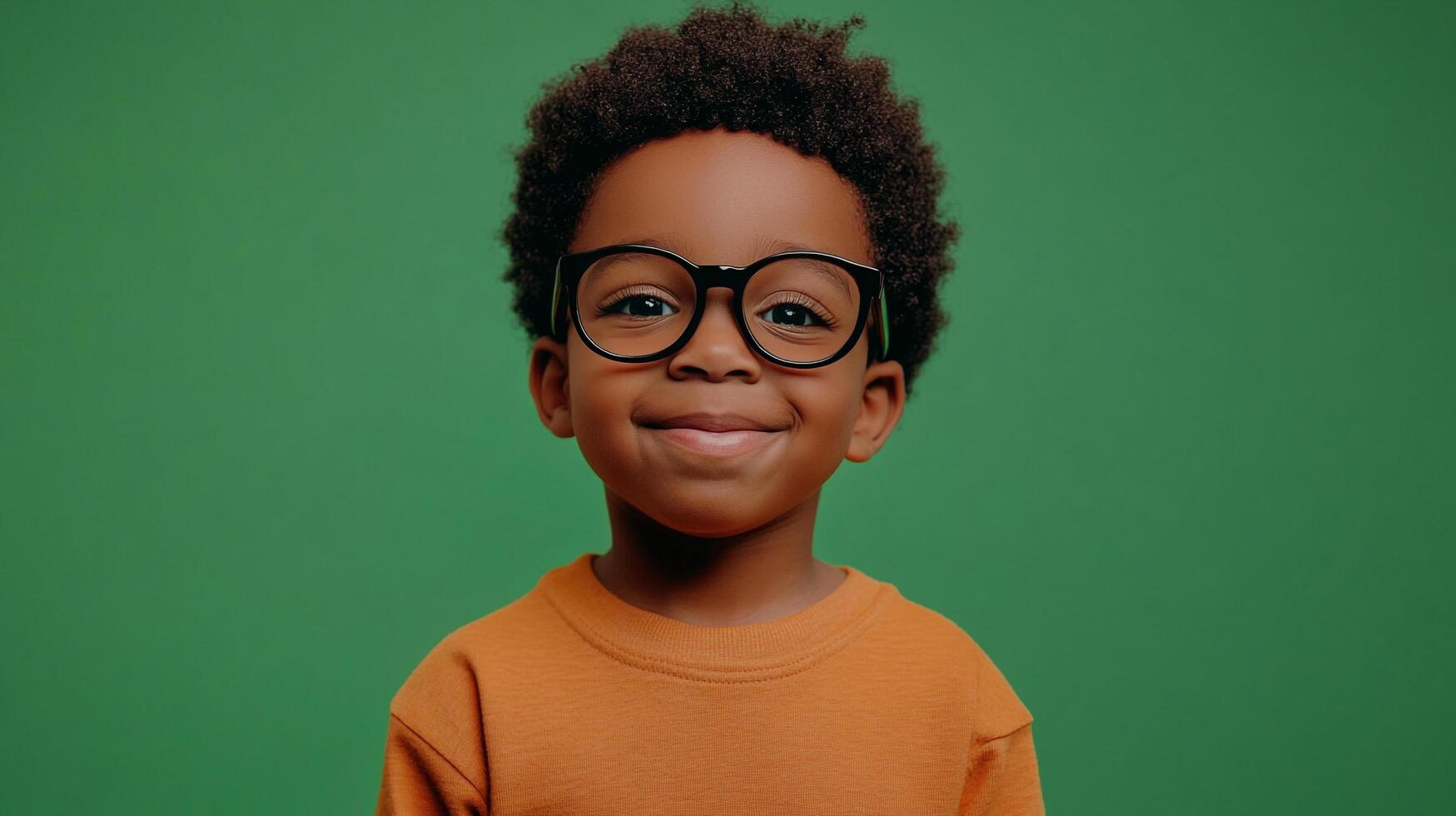 Young boy with glasses smiles confidently against a vibrant green backdrop, showcasing youthful innocence and charm. Bright and engaging portrait. photo