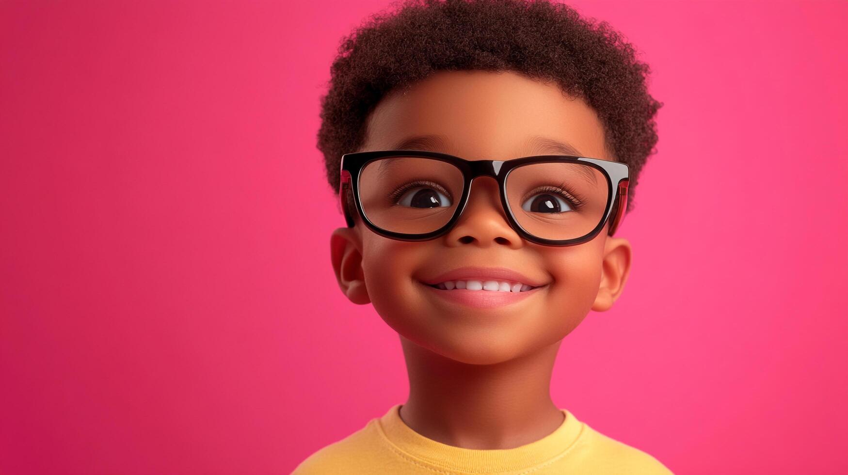 Smiling young child with glasses, bright pink background. Happiness captured. A joyful expression and a bright and colorful setting. photo