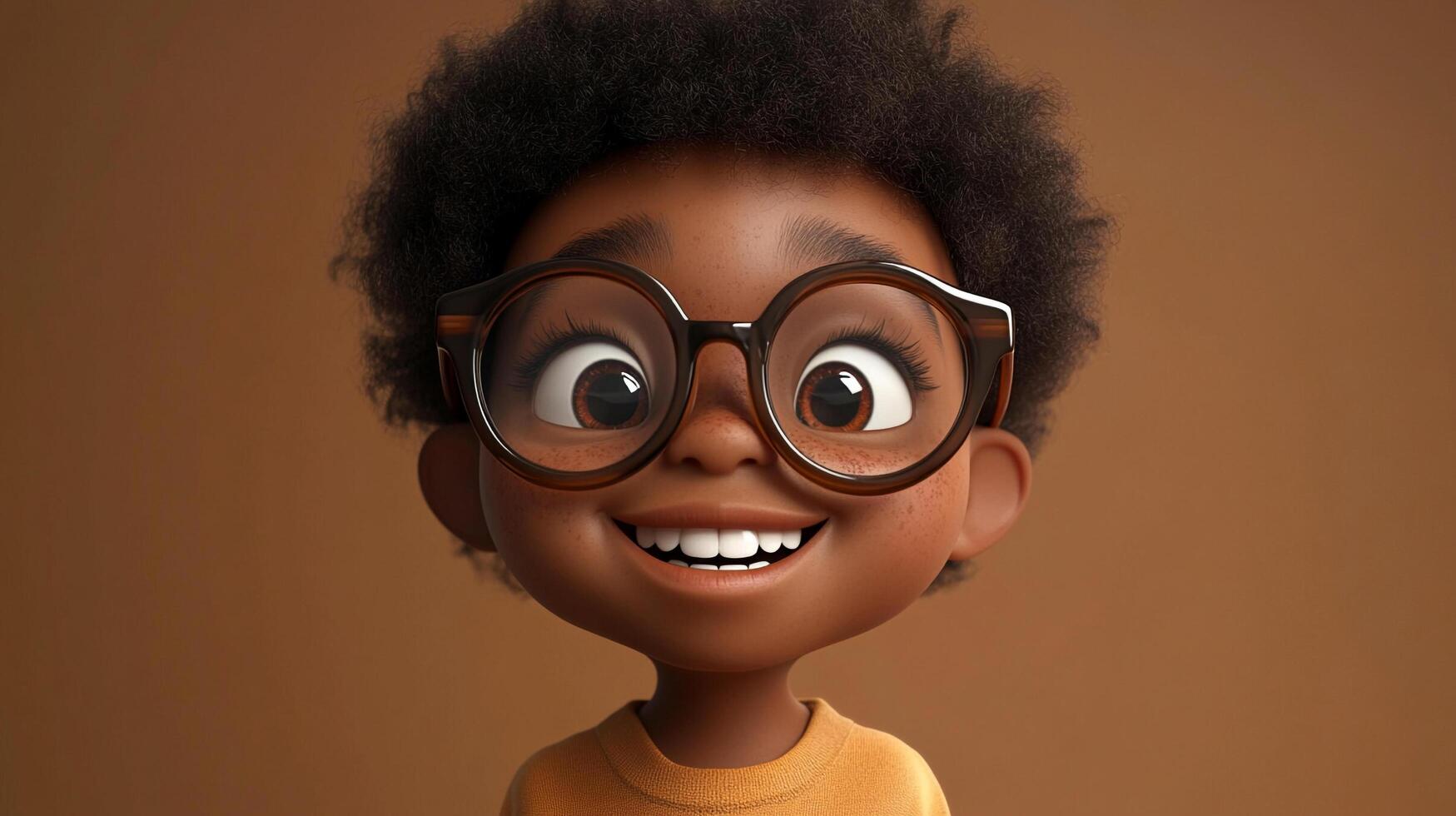 Animated young boy character smiling with glasses, showcasing joyful childhood expression against a neutral backdrop. photo
