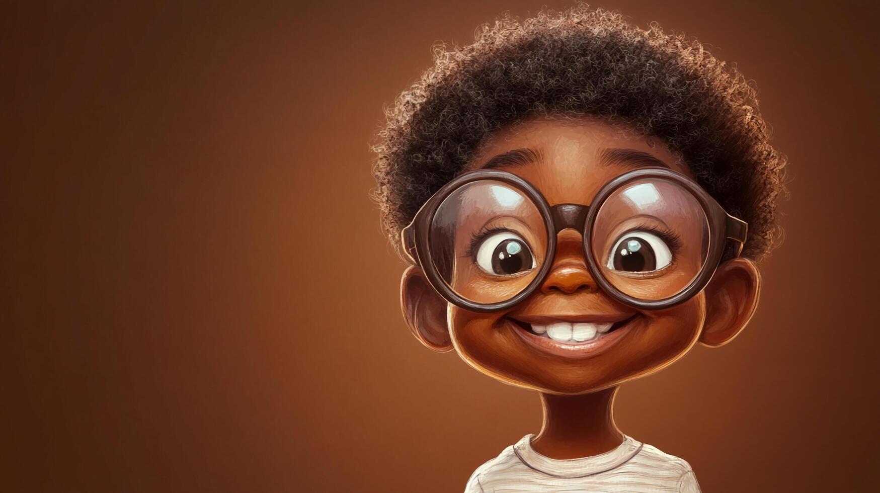 Cartoon rendering of a smiling young boy, wearing large round glasses, radiates joy against a warm brown backdrop. photo