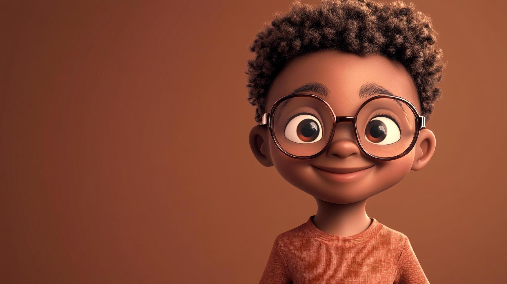 Animated, big-eyed boy with curly hair and round glasses smiles against a brown background. Youthful charm in a portrait. photo