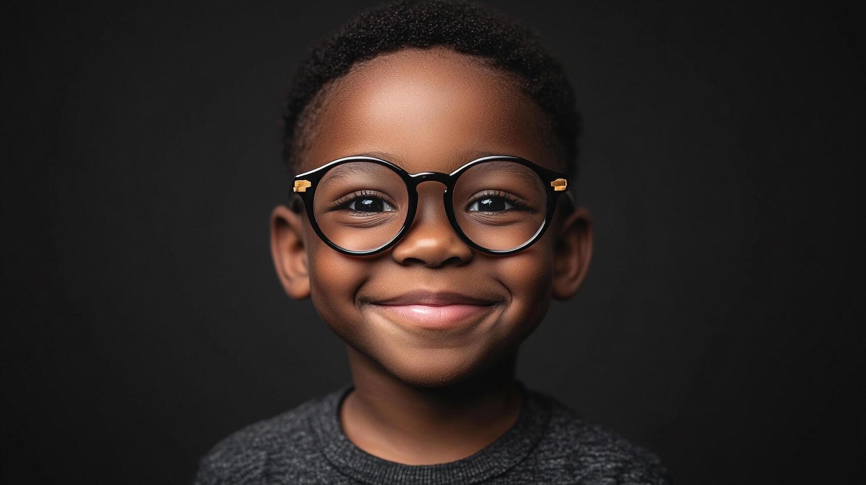 Smiling boy wearing round glasses. Close-up portrait on a dark background. Cheerful, confident young child with a beautiful smile. photo