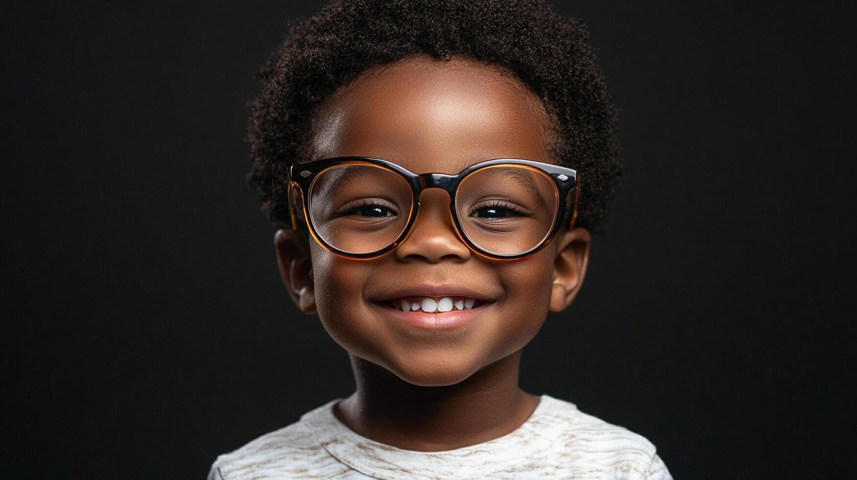 Smiling young boy with dark curly hair and large framed glasses against a solid black background. Pure joy radiates from his face. photo