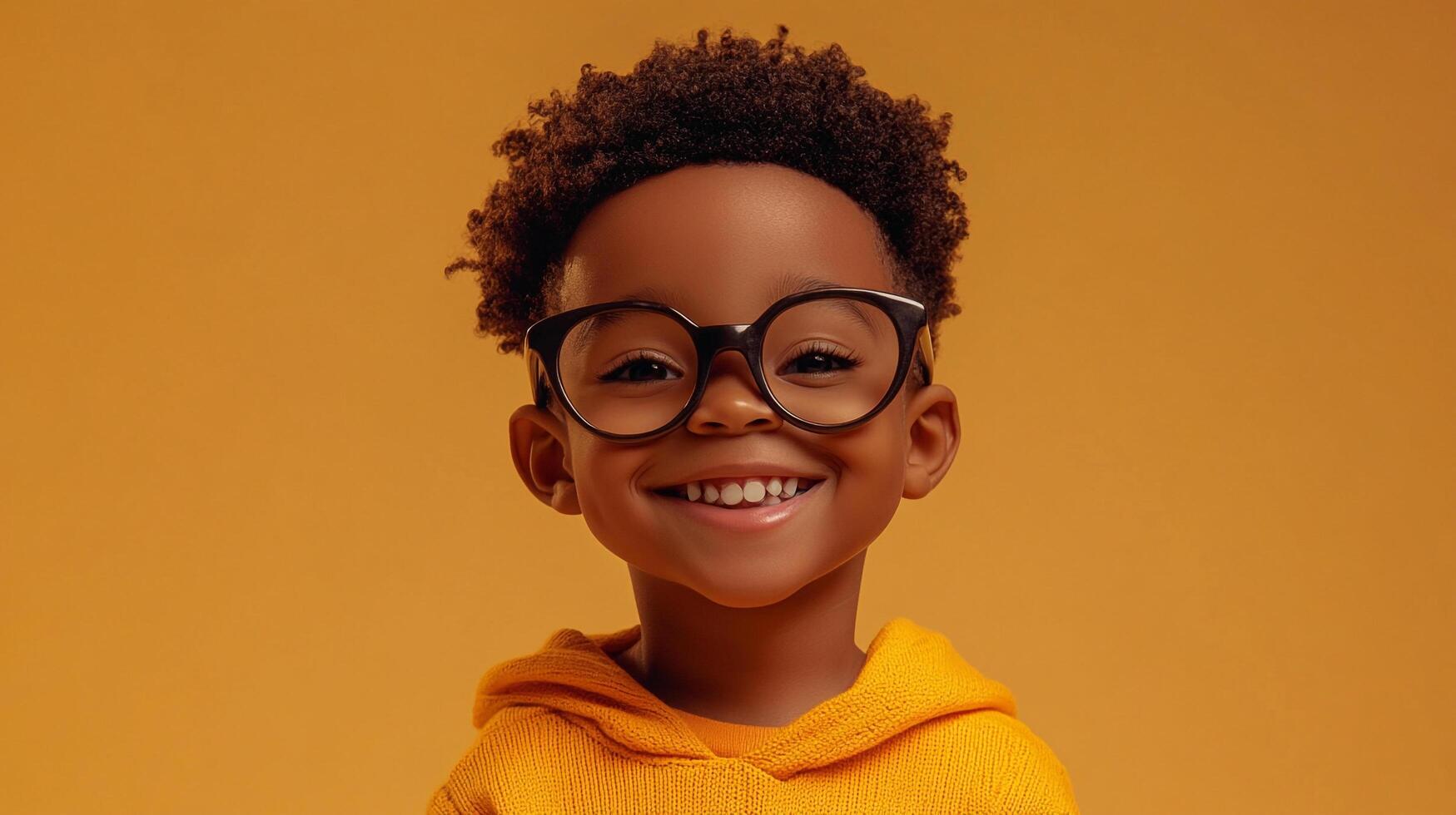 A radiant young child with curly hair and stylish glasses, smiling brightly against a solid yellow background. Full of joy and hope. photo