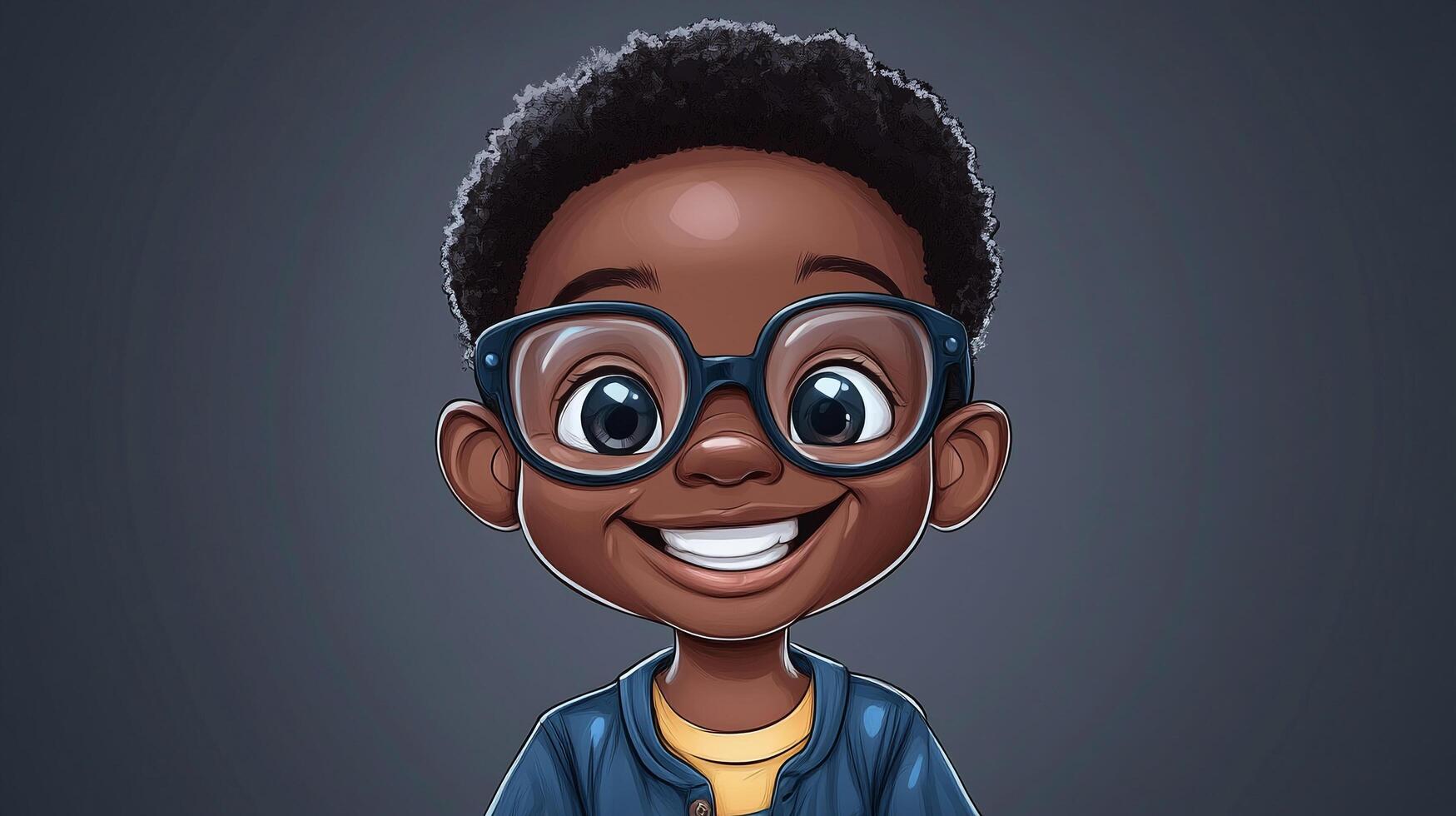 Cartoon portrait of a smiling boy wearing glasses, with dark skin and curly hair, set against a neutral gray backdrop. photo
