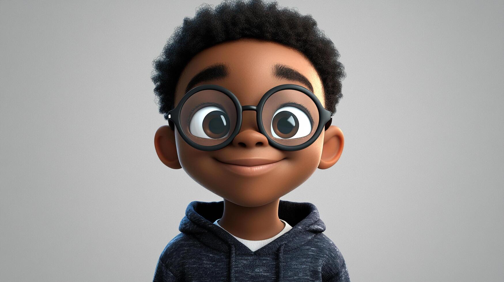 Adorable cartoon boy with curly hair, glasses and hooded sweatshirt smiles against a simple background, radiating warmth and charm. photo
