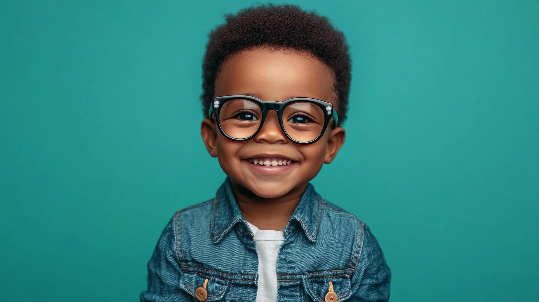 Adorable little boy with glasses smiling brightly. His cheerful grin is infectious, radiating joy and innocence on the plain teal backdrop. photo