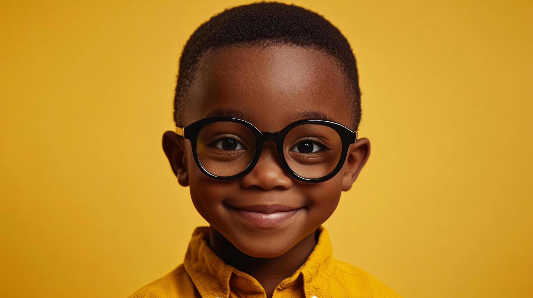 Adorable young boy with glasses, radiating happiness and youthful charm against a vibrant yellow backdrop. Perfect for educational themes. photo