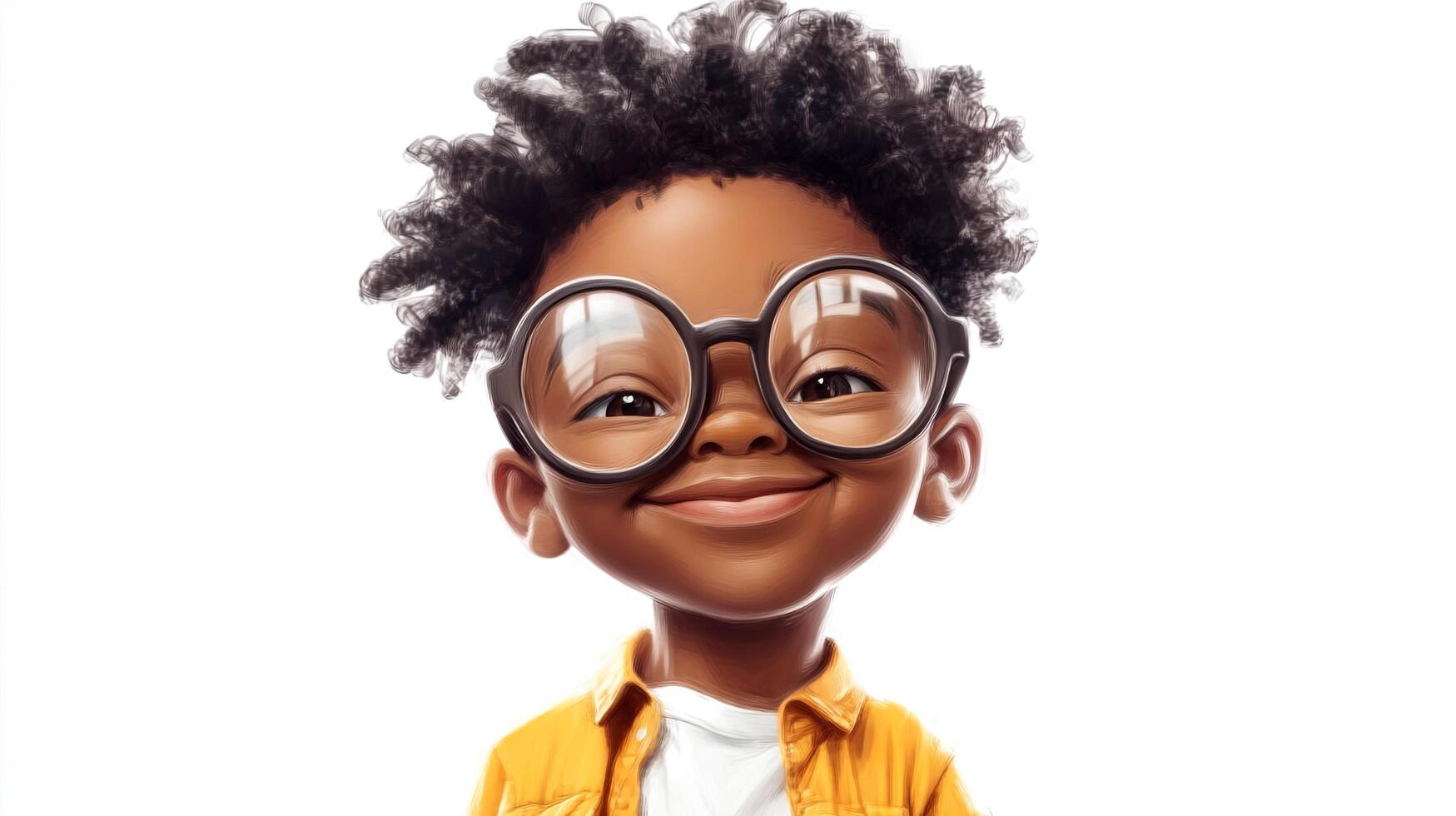A charming illustration of a young boy with curly hair, wearing round glasses and a bright yellow shirt, smiling against a clean white background. photo