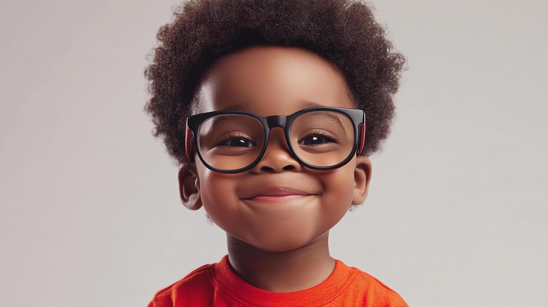 Adorable child with afro hairstyle and eyewear, beaming joyfully. Confident and happy kid with glasses, standing against a plain backdrop. photo